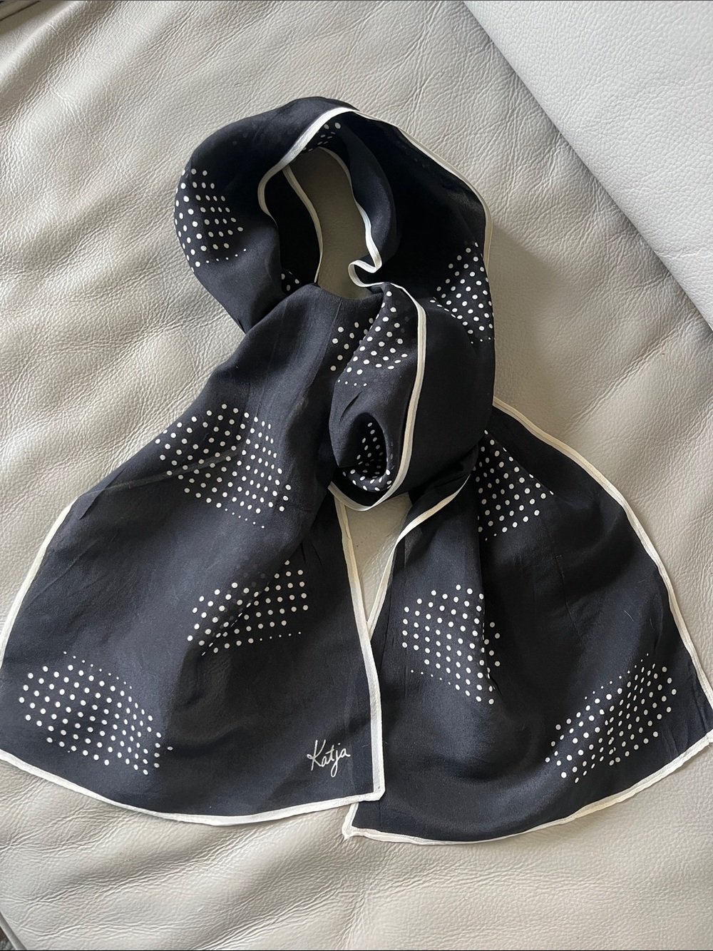 Katja Vintage 60’s/70’a Silk Black Polka Dot Scarf with White Trim